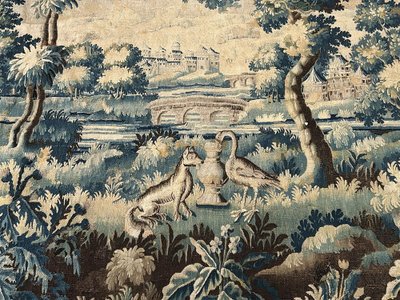 Large Aubusson Tapestry Landscape Greenery Fable Fox Stork Birds 18th