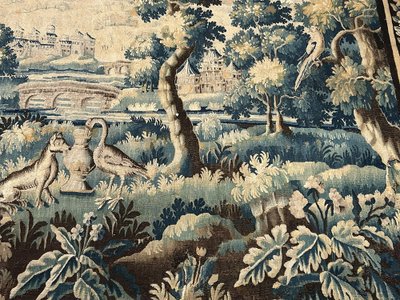 Large Aubusson Tapestry Landscape Greenery Fable Fox Stork Birds 18th