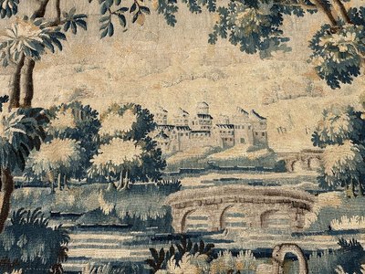 Large Aubusson Tapestry Landscape Greenery Fable Fox Stork Birds 18th