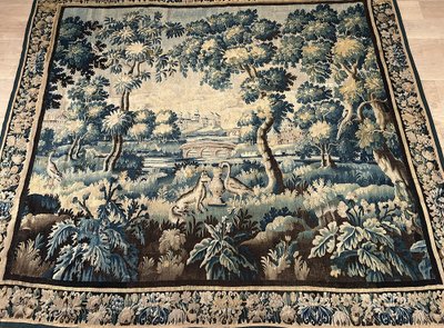 Large Aubusson Tapestry Landscape Greenery Fable Fox Stork Birds 18th