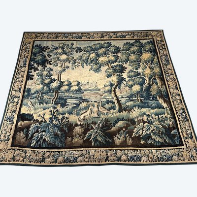 Large Aubusson Tapestry Landscape Greenery Fable Fox Stork Birds 18th