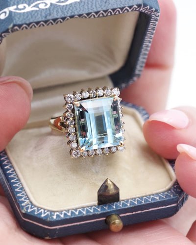 Vintage Aquamarine Cluster Ring 18k Gold Diamond, Cocktail Ring, 2.6 Cts, Vintage Jewelry