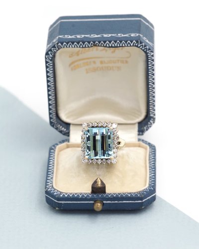 Vintage Aquamarine Cluster Ring 18k Gold Diamond, Cocktail Ring, 2.6 Cts, Vintage Jewelry