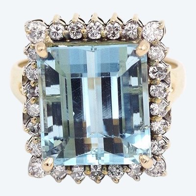 Vintage Aquamarine Cluster Ring 18k Gold Diamond, Cocktail Ring, 2.6 Cts, Vintage Jewelry