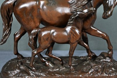 Horse and its Foal in Spelter, signed E.Loiseau – Early 20th century