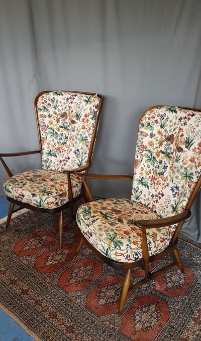 Pair of Windsor Armchairs and Ottoman by Lucian Ercolani for Ercol