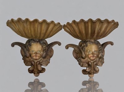 PAIR OF OLD 19TH CENTURY PATINA PLASTER STOOLS WITH WINGED CHERISH DECOR