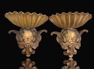 PAIR OF OLD 19TH CENTURY PATINA PLASTER STOOLS WITH WINGED CHERISH DECOR