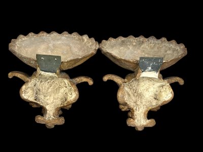 PAIR OF OLD 19TH CENTURY PATINA PLASTER STOOLS WITH WINGED CHERISH DECOR