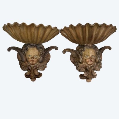 PAIR OF OLD 19TH CENTURY PATINA PLASTER STOOLS WITH WINGED CHERISH DECOR