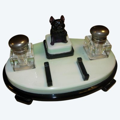 Glass paste inkwell with a small dog - Art Deco period