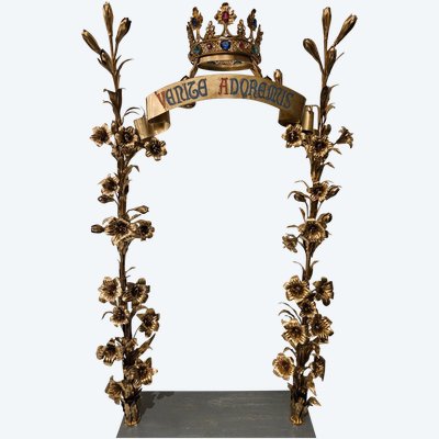 Rare Gilt Brass Altar Stand with Crown - 19th Century