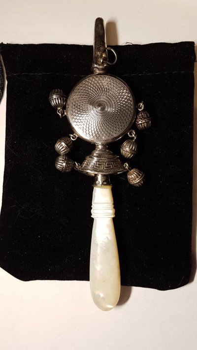 Silver Nurse's Rattle - Mother-of-Pearl Handle - 19th century