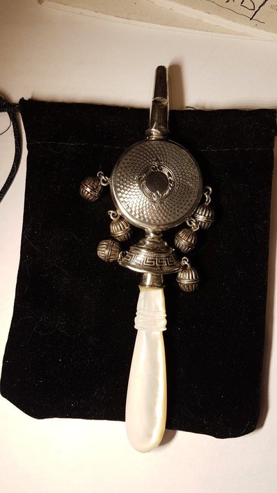 Silver Nurse's Rattle - Mother-of-Pearl Handle - 19th century