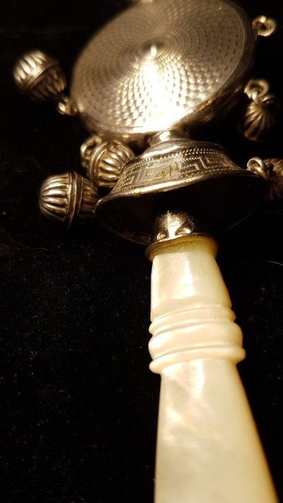 Silver Nurse's Rattle - Mother-of-Pearl Handle - 19th century