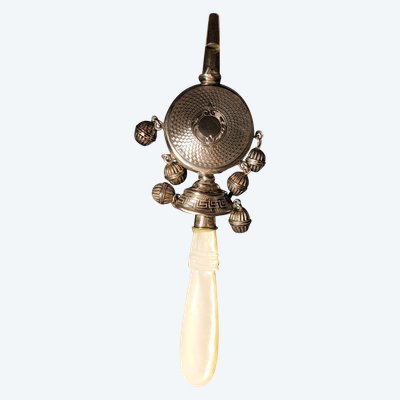 Silver Nurse's Rattle - Mother-of-Pearl Handle - 19th century