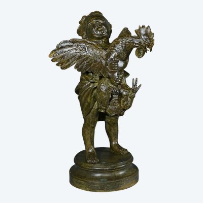 Important Bronze “The Child with the Rooster” after A. Cecioni – Late 19th century