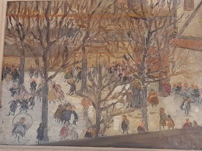 Busy schoolyard on a winter's day oil on canvas signed lower right