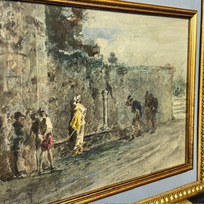 Ancient Watercolor Painting Filippo Carcano (Milan 1840 – 1914) 19th century size 53 x 43 “Plebeians and nobles