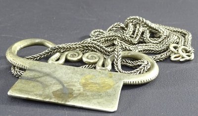 Vietnam or Laos, Hmong ethnic group, rare large ornate chain and silver padlock pendant.