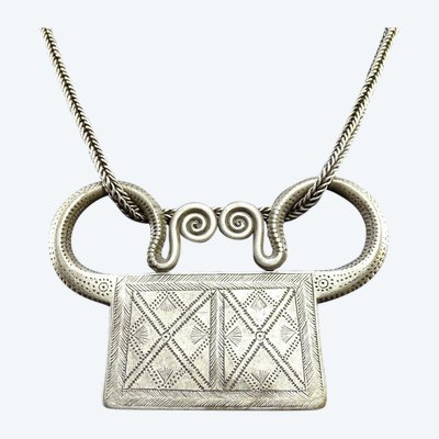 Vietnam or Laos, Hmong ethnic group, rare large ornate chain and silver padlock pendant.