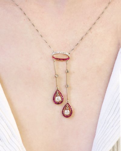 Art Deco Negligee Ruby Diamond Necklace In 18k Gold And Platinum, Old Cut Diamonds