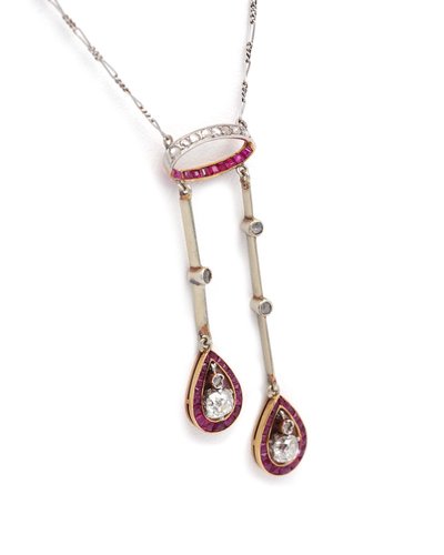 Art Deco Negligee Ruby Diamond Necklace In 18k Gold And Platinum, Old Cut Diamonds