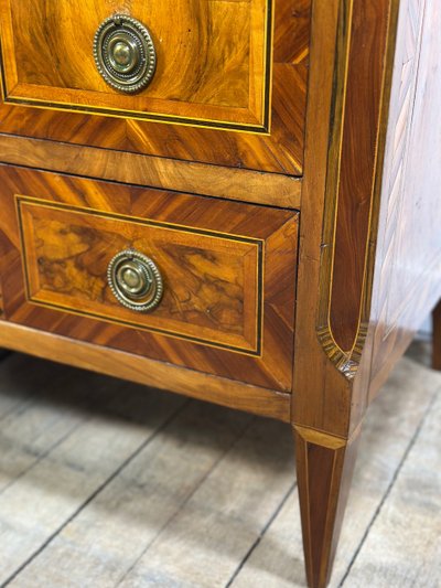 Louis XVI style chest of drawers with marquetry, marble top, 19th century