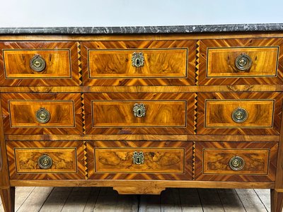 Louis XVI style chest of drawers with marquetry, marble top, 19th century