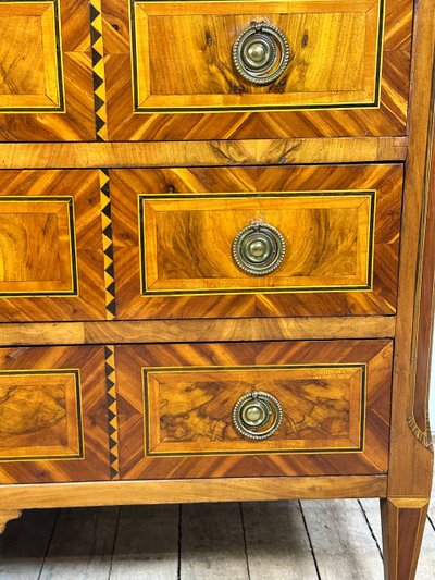 Louis XVI style chest of drawers with marquetry, marble top, 19th century