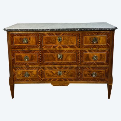 Louis XVI style chest of drawers with marquetry, marble top, 19th century