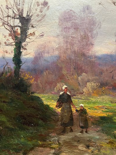 Painting by Théodore Legrand (born in 1853, died in 1897) representing a lively landscape at dusk