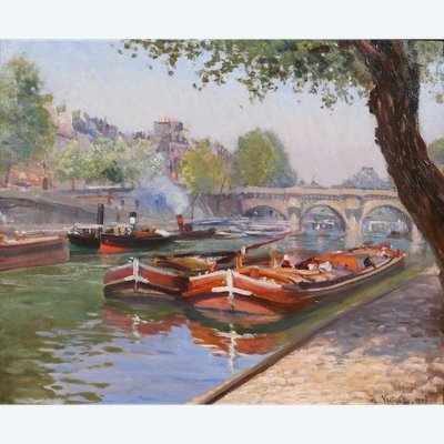 Henri VIGNET 1857-1920 Parigi, chiatte sulla Senna, Pont-Neuf, dipinto, 1903, impressionismo