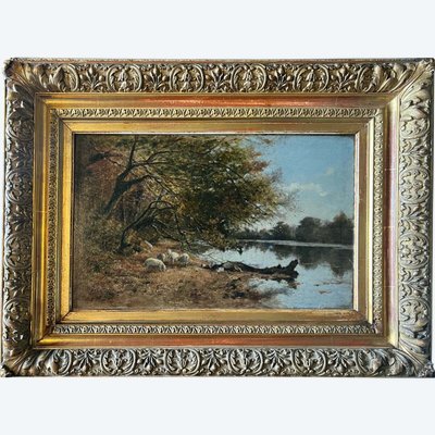 Oil Painting on Panel "Landscape with white pigs on the river bank" signed 19th century