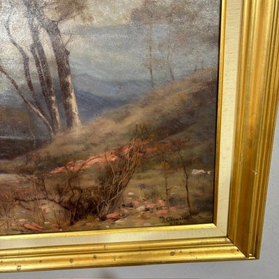 Ancient Painting Landscape Oil on board Alberto Cibrario 1910 Turin . Size 62