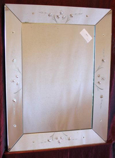 57 X 75 Cm Rectangular Venetian Mirror with Sloping Sides and Etched Glass