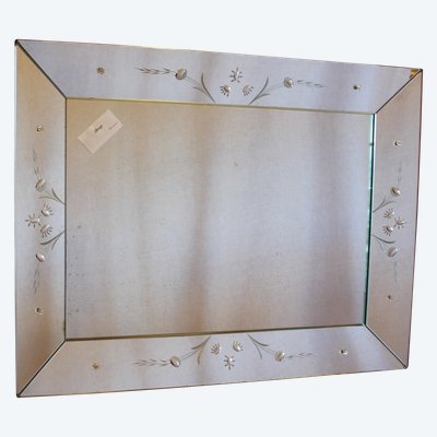 57 X 75 Cm Rectangular Venetian Mirror with Sloping Sides and Etched Glass