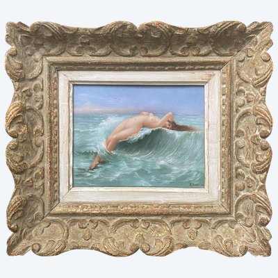 Oil painting on ceramic "The wave" signed M. Damon 1918 + frame cf. G. Seignac