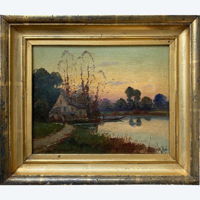 Painting "Lake landscape" signed Gilbert, pseudo Karl KAUFMANN 1843-1905