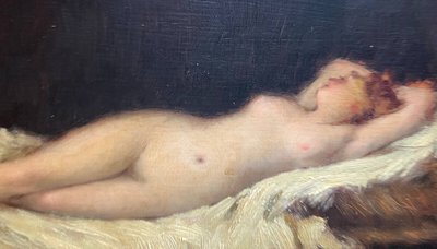 Painting 19th century Nude lying on a white sheet, languid Venus asleep A. Bin