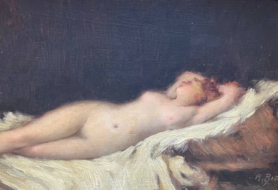 Painting 19th century Nude lying on a white sheet, languid Venus asleep A. Bin