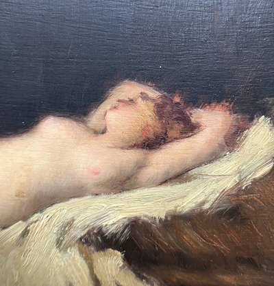 Painting 19th century Nude lying on a white sheet, languid Venus asleep A. Bin