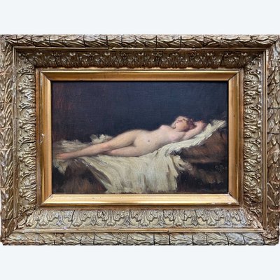 Painting 19th century Nude lying on a white sheet, languid Venus asleep A. Bin