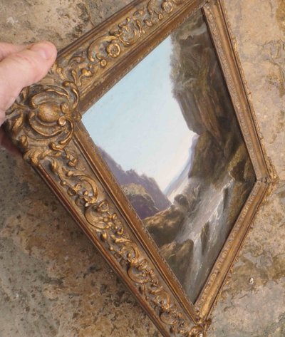 19th century painting Twilight mountain landscape with torrent + frame