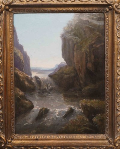 19th century painting Twilight mountain landscape with torrent + frame