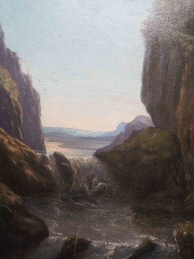 19th century painting Twilight mountain landscape with torrent + frame