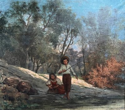 Oil painting on canvas (19th/20th century) Children fishermen in the undergrowth