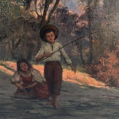 Oil painting on canvas (19th/20th century) Children fishermen in the undergrowth