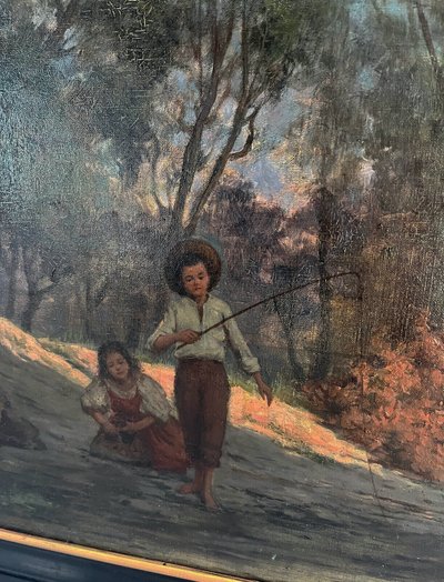 Oil painting on canvas (19th/20th century) Children fishermen in the undergrowth