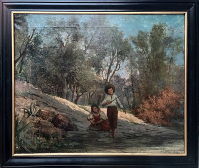 Oil painting on canvas (19th/20th century) Children fishermen in the undergrowth